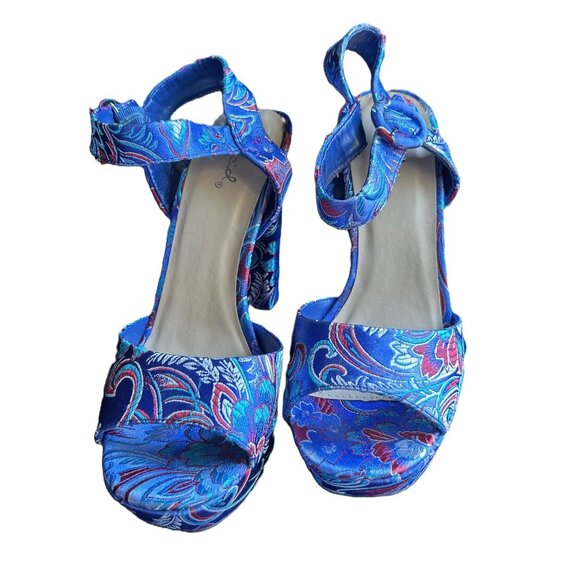 High Heel Platform Sandals SZ 8 Blue floral satin, 4.7" Heels - Picture 12 of 12